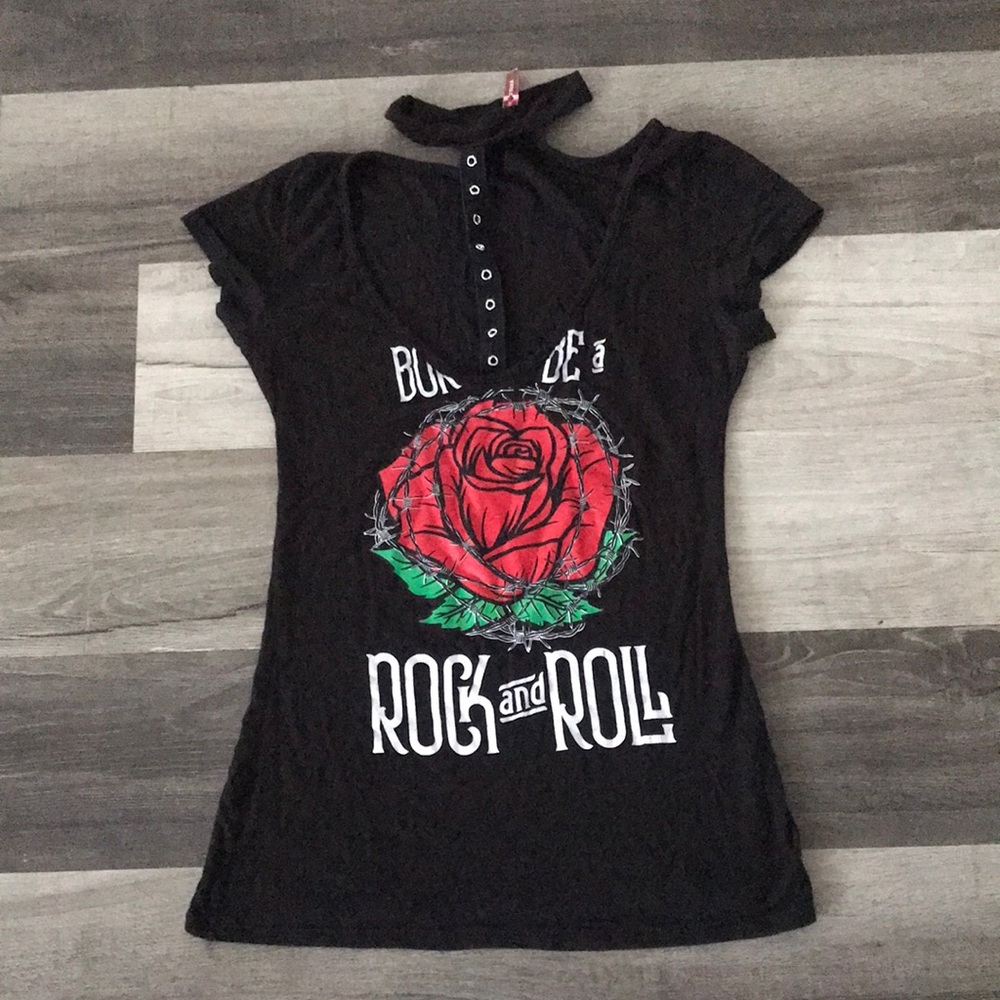Black Graphic Rose Tank Top with Choker Detail